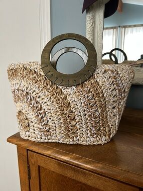 Handwoven Raffia Tote Bag with Wooden Handles - Natural